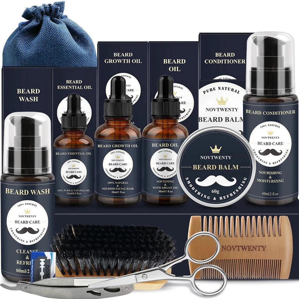 12pcs Beard Care Set Beard Serum Oil Balm Beard Comb Bristle Brush Scissors Beard Oil Beard Growth Set Men Beard Care Kit