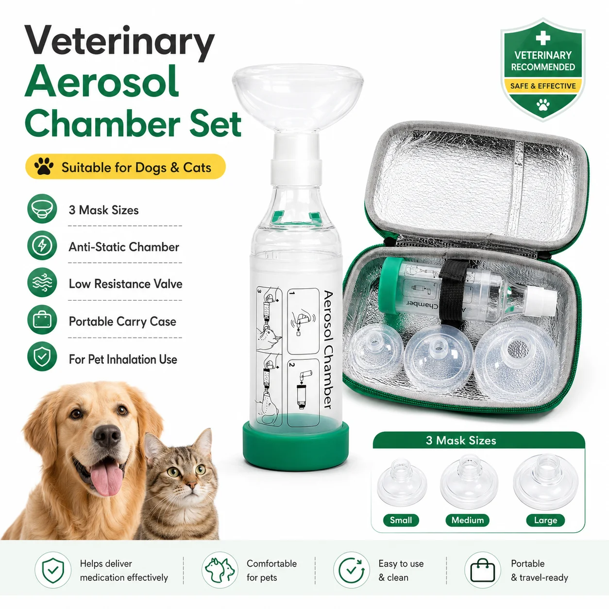 Inhaler Nebulizer Chamber Spacer Inhaler for Dog & Cat with 3 Soft Medical Silicone Face Mask Veterinary Supplies