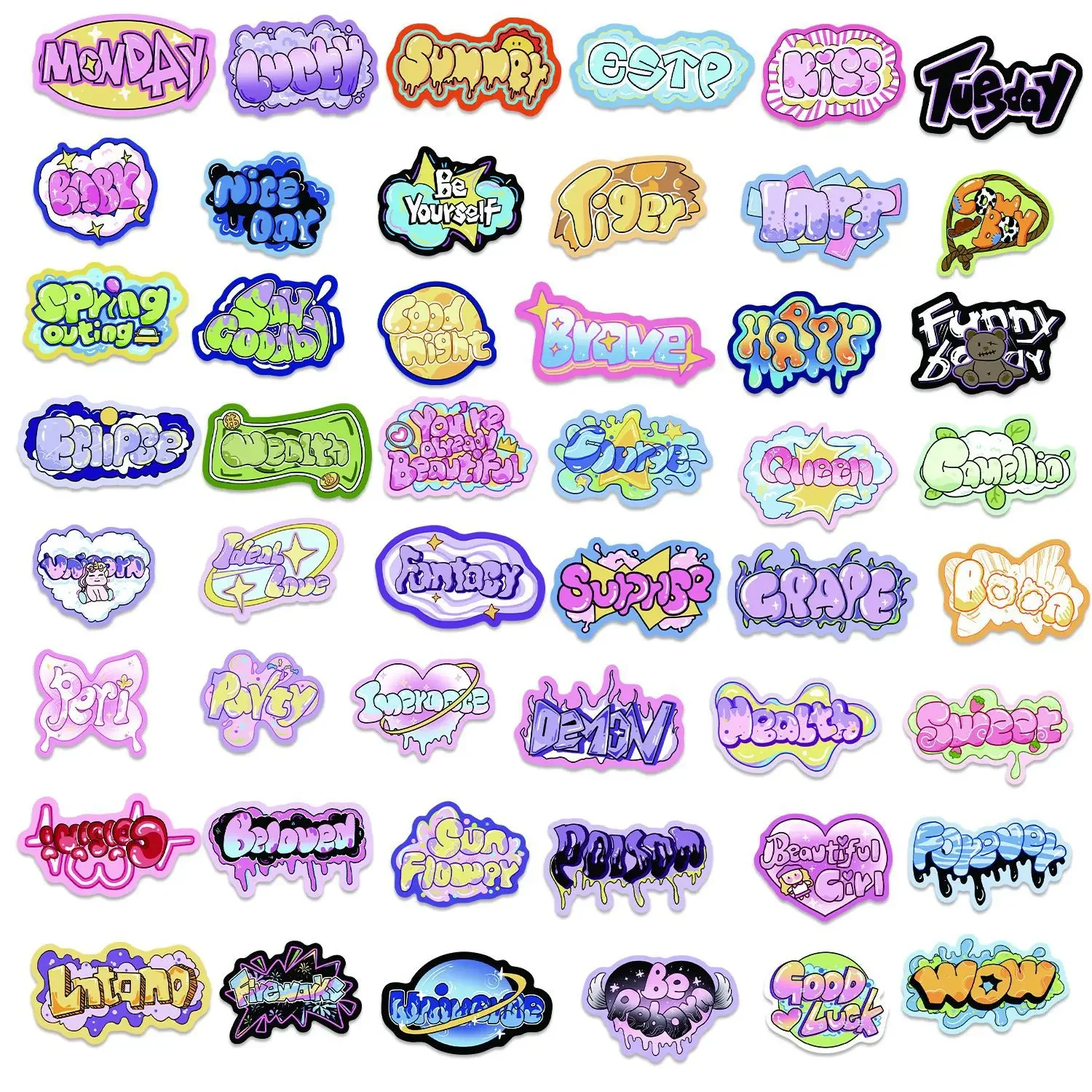 50pcs Ins Style Cartoon Graffiti Text Stickers To Decorate Guitar Laptop Suitcase DIY Waterproof Party Stickers