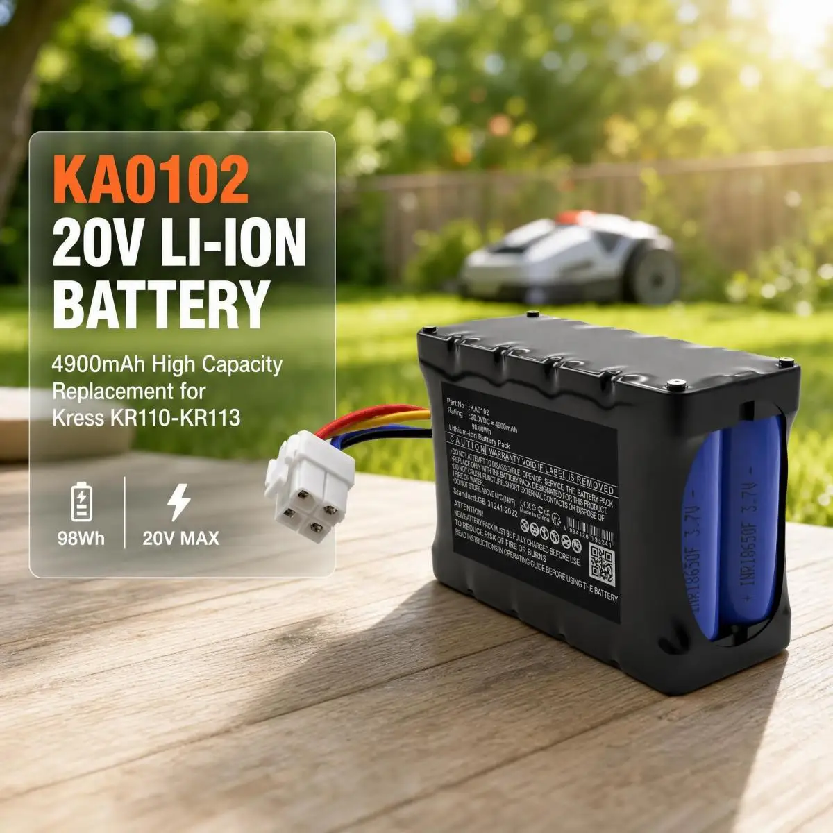 KA0102 Replacement Li-ion Battery 20V 4900mAh 98Wh High Capacity For Kress KR110 KR111 KR112 KR113 Robotic Lawn Mower