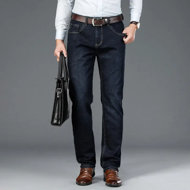 Autumn Winter 2023 New Leisure Business Straight Stretch Slim Jeans Young Middle-aged Comfortable Fashion Mid-waist Trousers