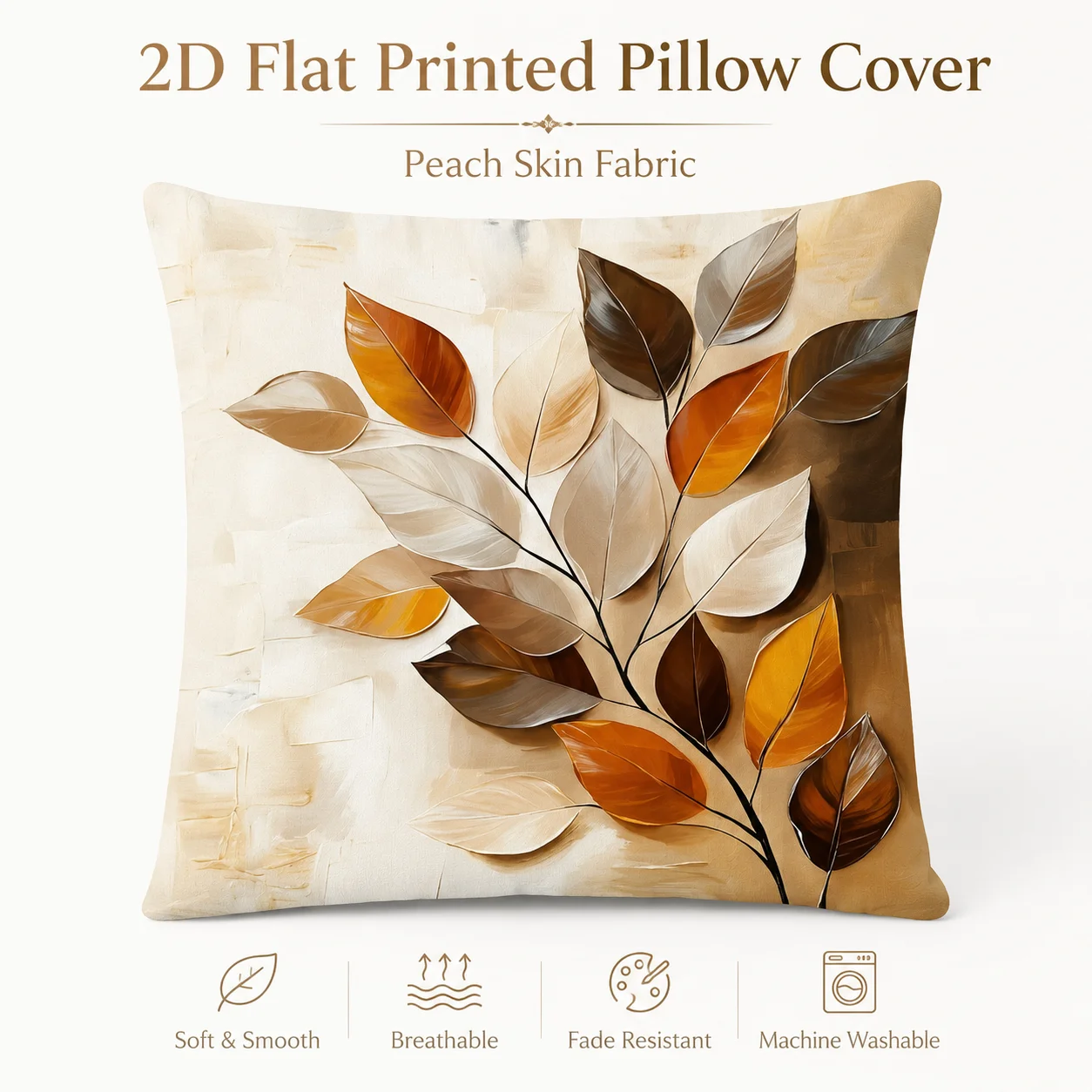 

Elegant Golden Brown Leaves Pillowcase 2D Flat Printed Peach Skin Soft Cushion Cover For Bedroom Couch Chair Room Decoration
