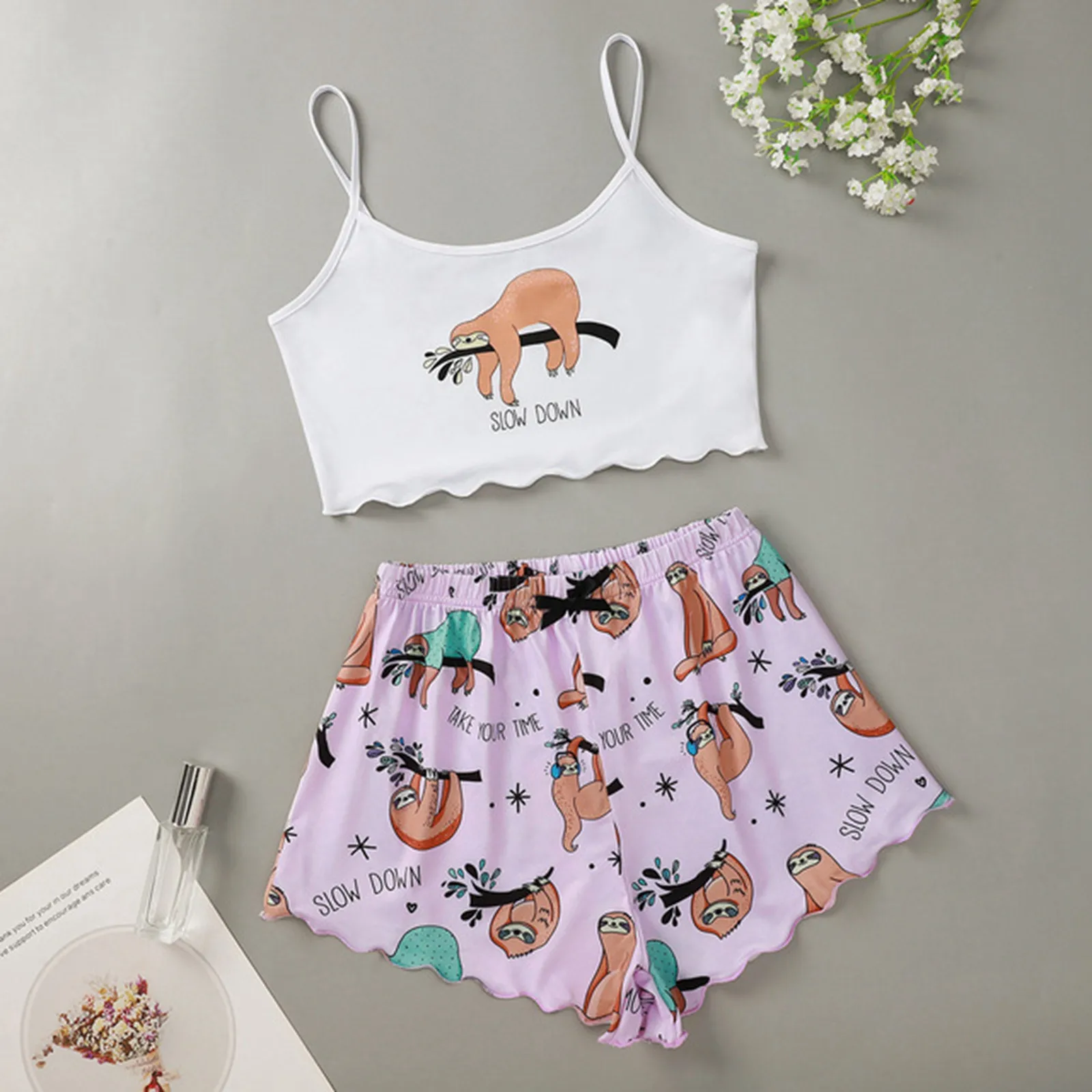 Women\'s 2pcs Cute Soft Comfy Doll Print Sexy Sleepwear Sleeveless Shorts Homewear Spring Autumn New Women Pajama Set Loungewear