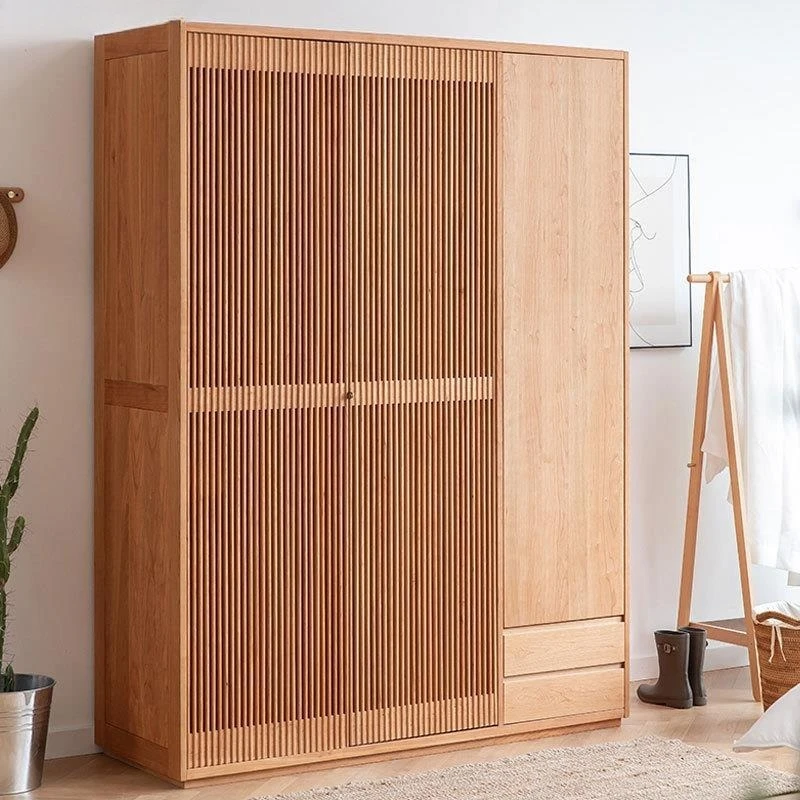 Cherry wood large wardrobe, all solid wood three-door grid, simple wardrobe