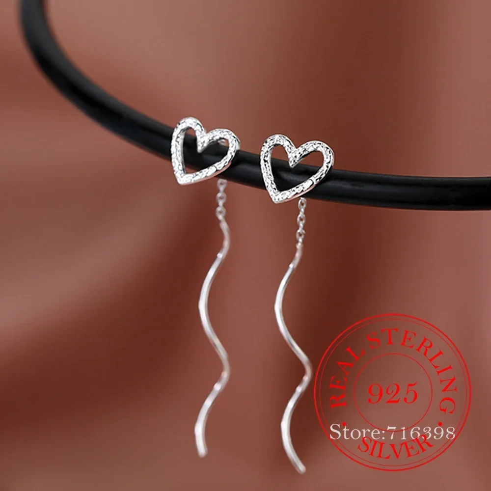 100% Real 925 Sterling Silver Long Tassle Heart Stud Earrings for Women Children Girls Luxury Women's Jewelry Party Wedding Gift