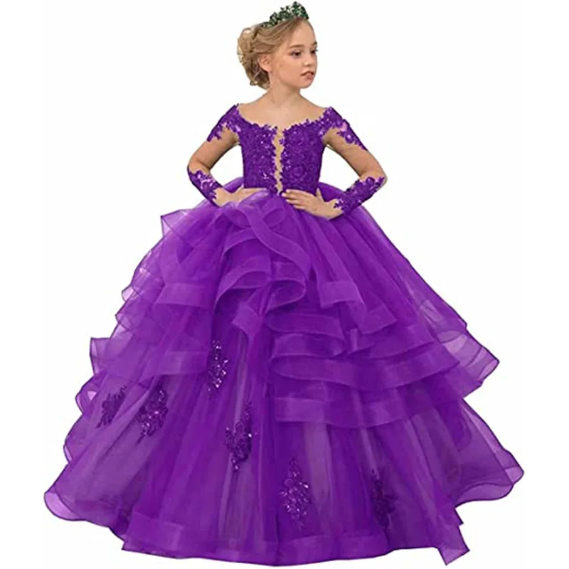 Vestido de novia de manga larga para niños, vestido de baile para niña, rendimiento de encaje, cumpleaños, pastel de princesa esponjoso, largo