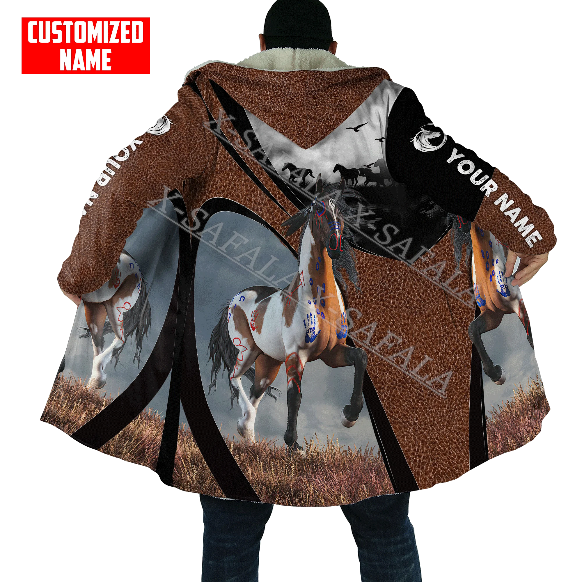 Horse Animal Wrangler Equestrian Riding Customized Thick Warm Hooded Cloak Men Overcoat Coat Windproof Fleece Cape Robe Blanket