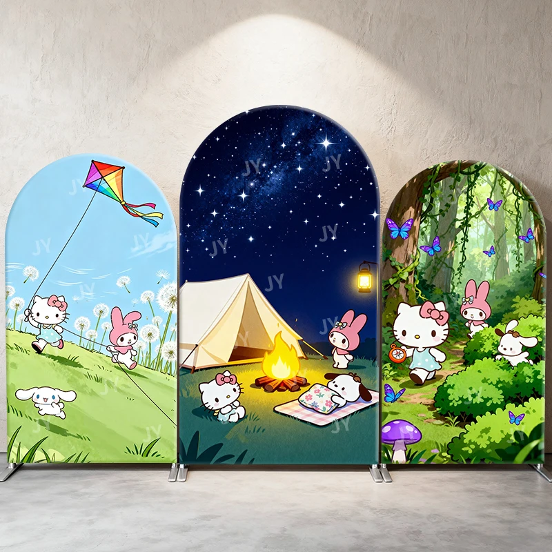 

Hello Kitty Arch Backdrop Cover Camping Outdoor Scenes Cute Cartoon Style Birthday & Baby Shower Party Photo Booth Decor Props