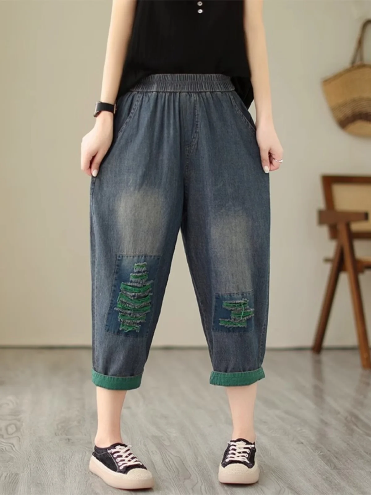 

Summer Thin Jeans Women's Loose Wide Leg Harlan Dad Pants High Waist Seven-Foot Deep Blue Thin Denim Fabric Slimming Effect