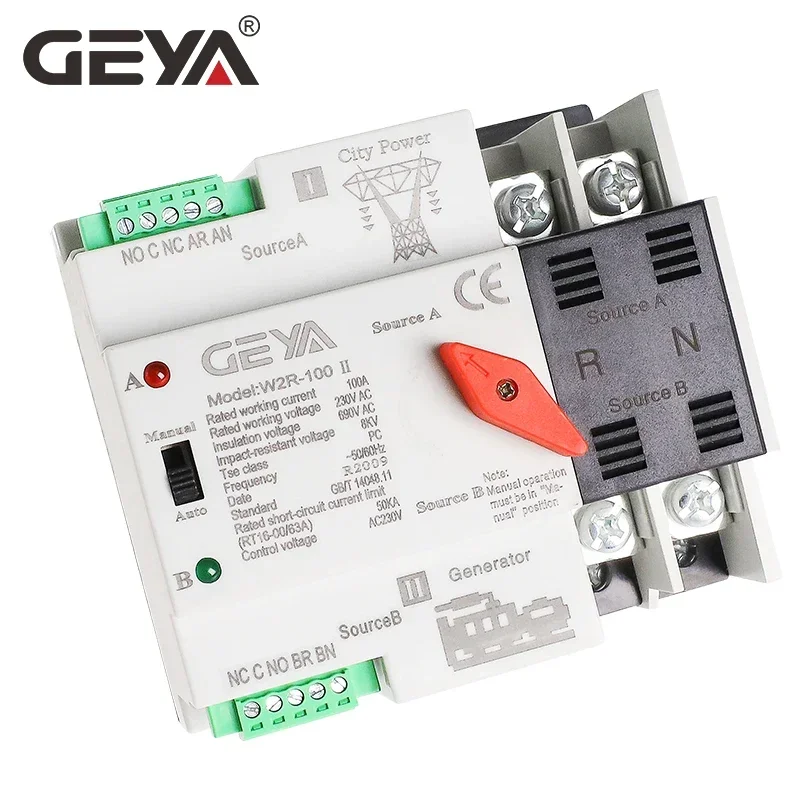 GEYA-Interruptor De Transferência Automática De Energia Dupla, Interruptor De Transferência De Energia Doméstica, W2R, ATS, 110V, 220V, 63A, 100A, 50Hz, 60Hz