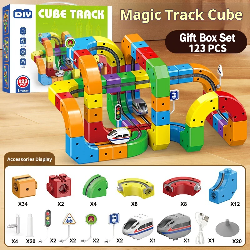 مسار مغناطيسي كهربائي مع مركبات مضادة للجاذبية - 100+ قطعة ألعاب بناء جذعية يمكنك صنعها بنفسك مجموعة صناديق هدايا للأطفال على السكك الحديدية الإبداعية #2
