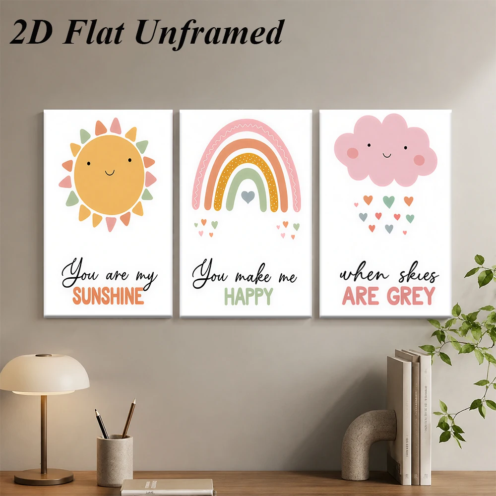 1 set of cute cartoon frameless triptych decorative paintings with warm sun, rainbow, cloud patterns, 2D plan