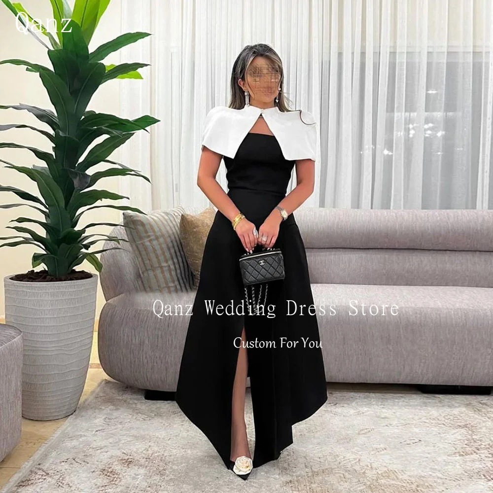 Qanz Vintage A Line Evening Dresses With Jacket Slit Formal Gowns Women Elegant Black Satin Special Occasion Dress Customized