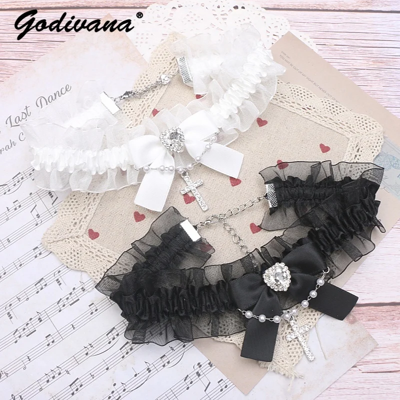 Japanese Mine Mass-Produced Ruffled Bow Bead Necklace Female Girls Handmade Cross Rhinestone Collar Choker Black White