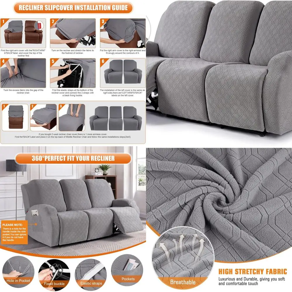 

3-Piece Stretch Sofa Cover Set with Pockets for Reclining Couches, Soft Washable Furniture Protector for Pets in Light Gray