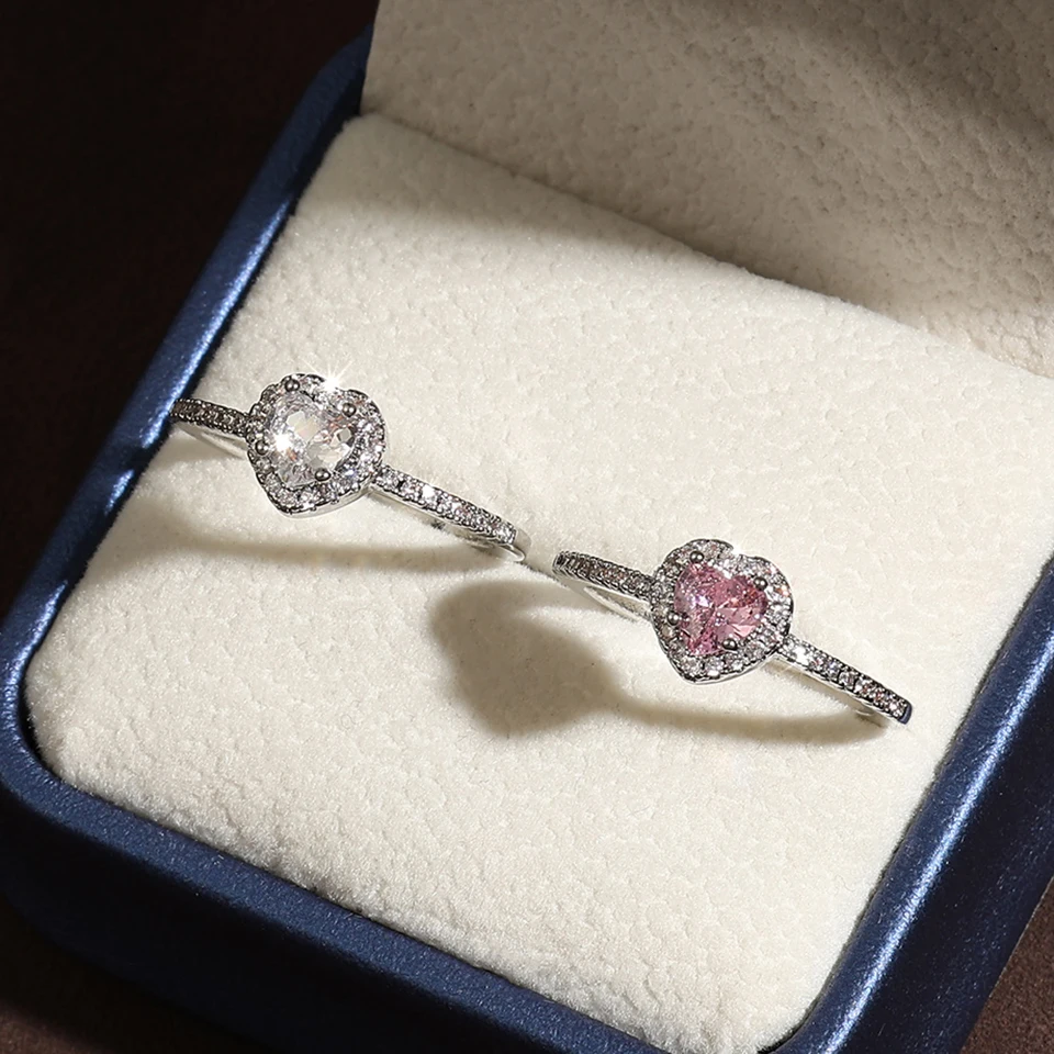 ZAKOL 2-teiliges Set Rosa-Weißes Herzförmiges Strass-Halsketten-Ring-Set Glänzender Zirkon Süßer Romantischer Schmuck Geschenk für Frauen Mädchen – Detail 8