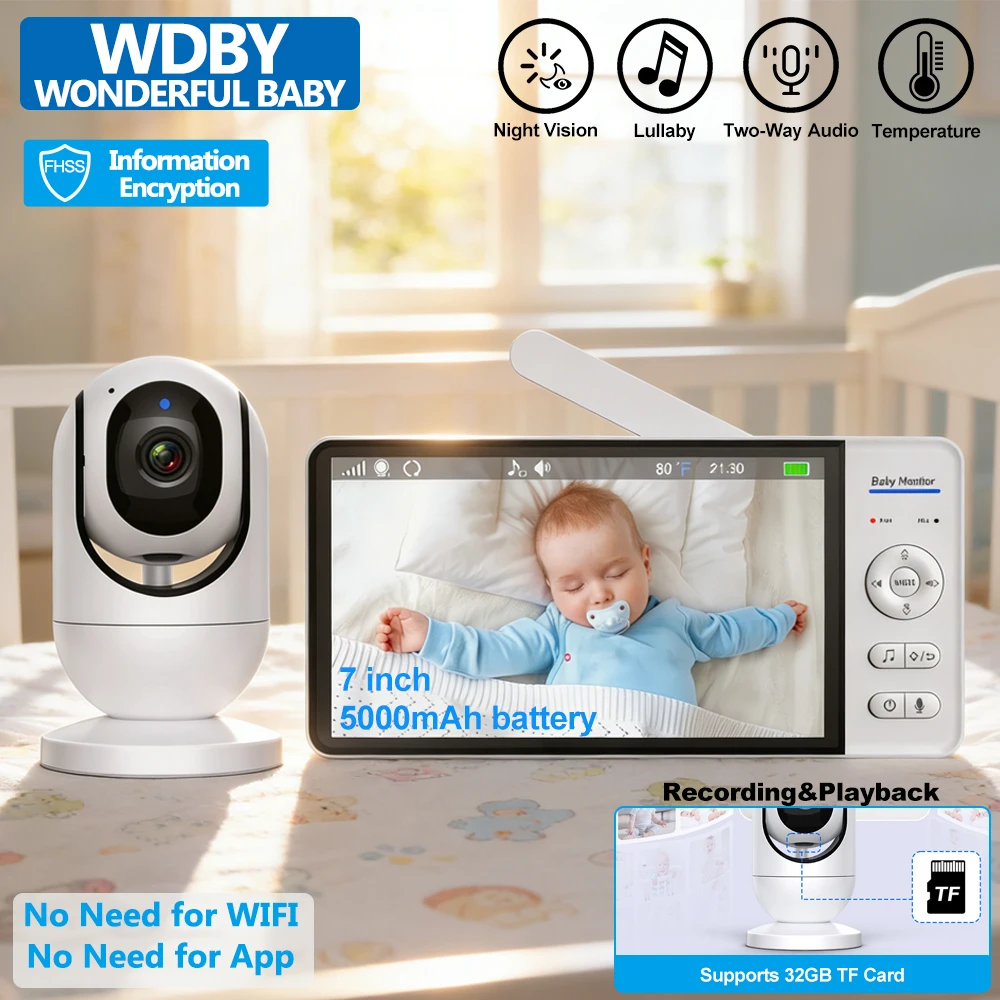 

7-дюймовая видеоняня с камерой, 5000 мАч, перезаряжаемая батарея, датчик температуры, 2,4G, беспроводной детский телефон для домашней безопасности