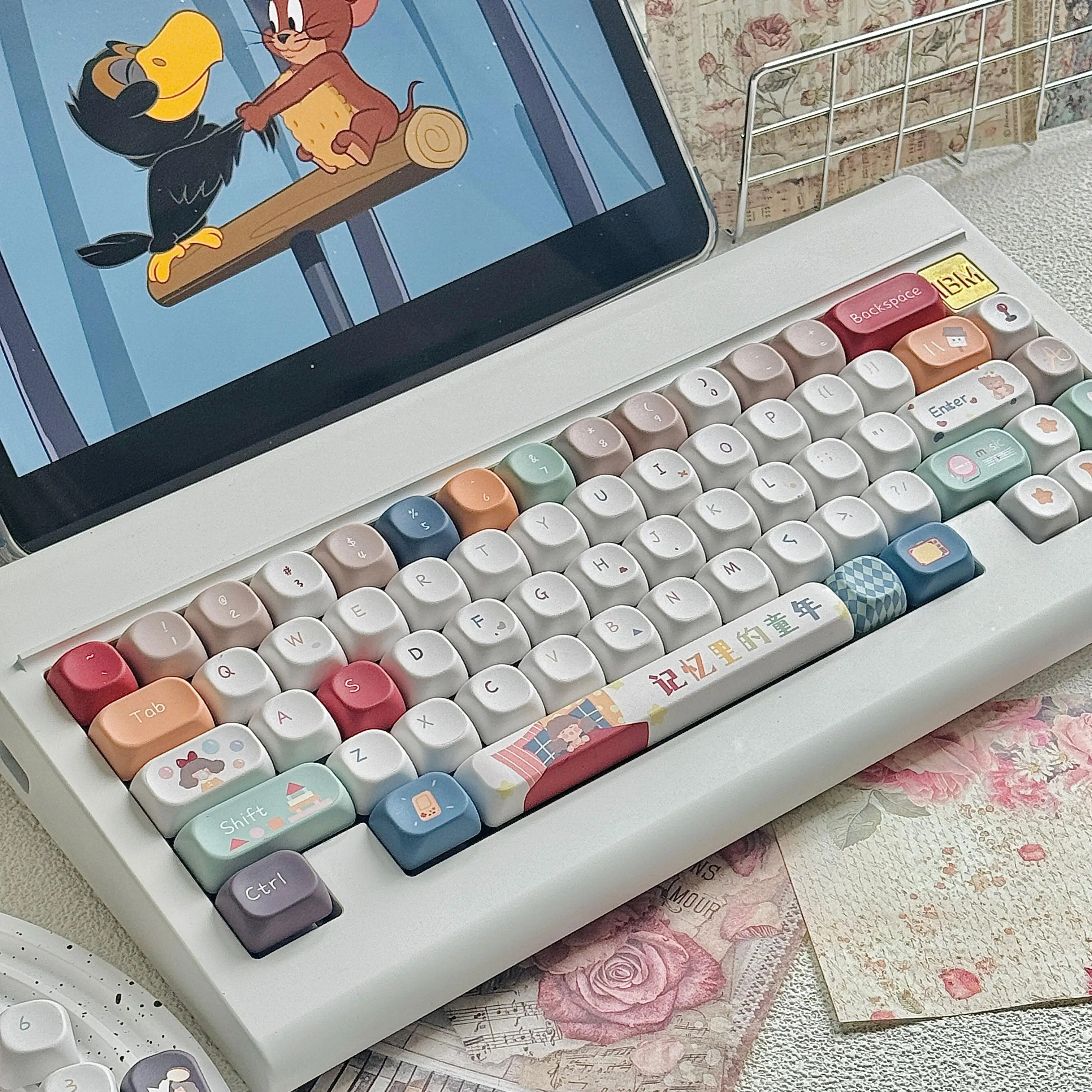 

120keys Retro World Cherry QX3 Keycap PBT Thermal Sublimation ADA Retro Childhood Memories Keycaps White Round DIY Keycaps