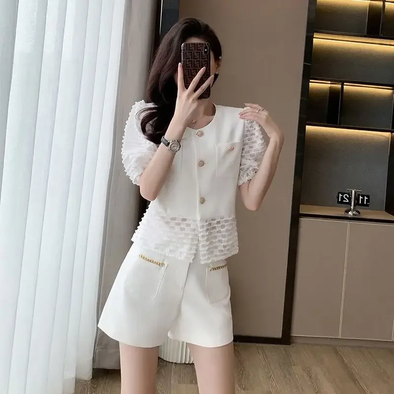 Clothes Womens Short Pants Set Summer Sleeve 2024 White Blazers and Shorts Suits for Women Trends New in Kit Features Matching