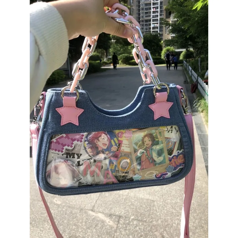 Różowa torebka damska Y2k Star Chain Bag New Fashion Cool Dark Harajuku dżinsowa torba Tote babki bagietki bagietki