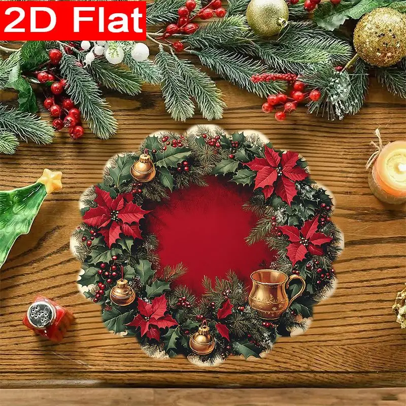 VIKAMA Burgundy Velvet Poinsettia Handbell Wreath Placemat Red Background Wavy Edge Gold Green Holly Berry Christmas Table Mat
