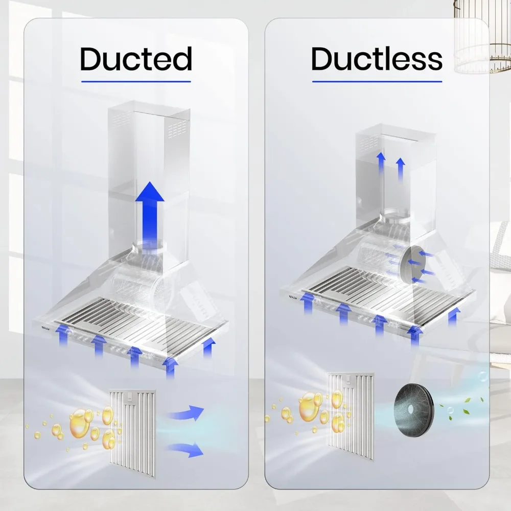 Ekon Nap02 900cfm Wandmontage Afzuigkap Geduceerd/Ductless Converteerbare Keuken Schoorsteen Ventilatie, 4 Snelheden Touch Control/Afstandsbediening