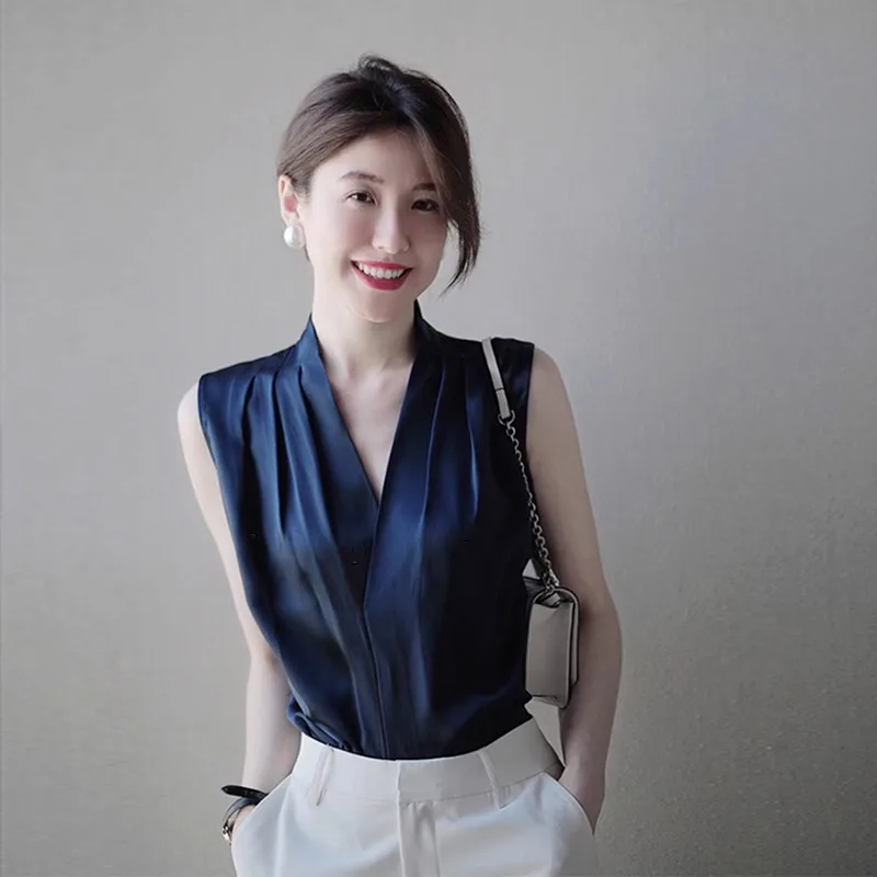 الحرير الساتان الأبيض V-Ne Strapl تانك الأعلى المرأة ربيع الخريف المحملة خلات Svel irt معلقة Ne الأعلى #2