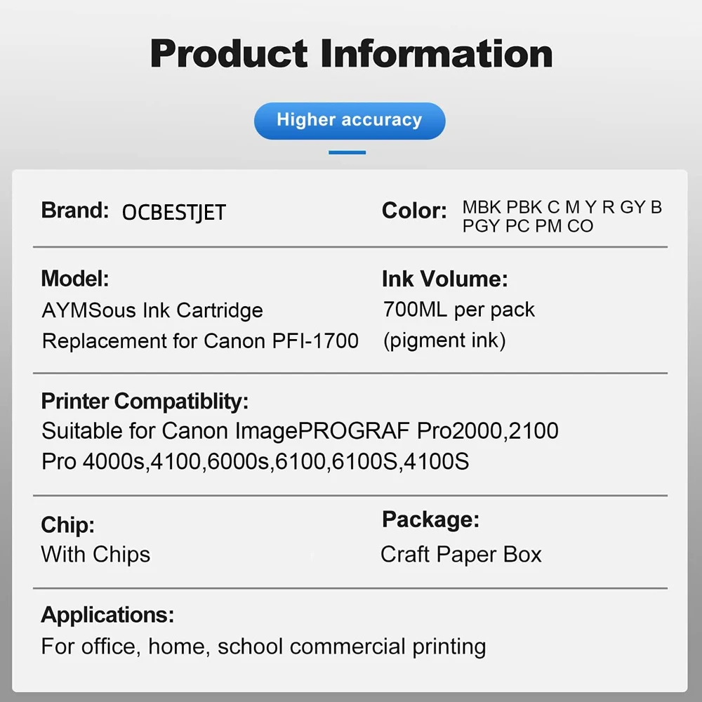For Canon PFI-1700 PFI1700 Compatible Ink Cartridge For Canon Pro 2000 4000 4000s 6000 6000s pro 2100 4100 6100 printer