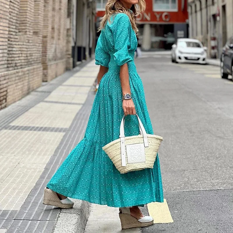Spring Vintage Geometry Pattern Print Maxi Dress Fashion Boho Long Sleeve Party Dress Casual High Street Beach Dress Mujer