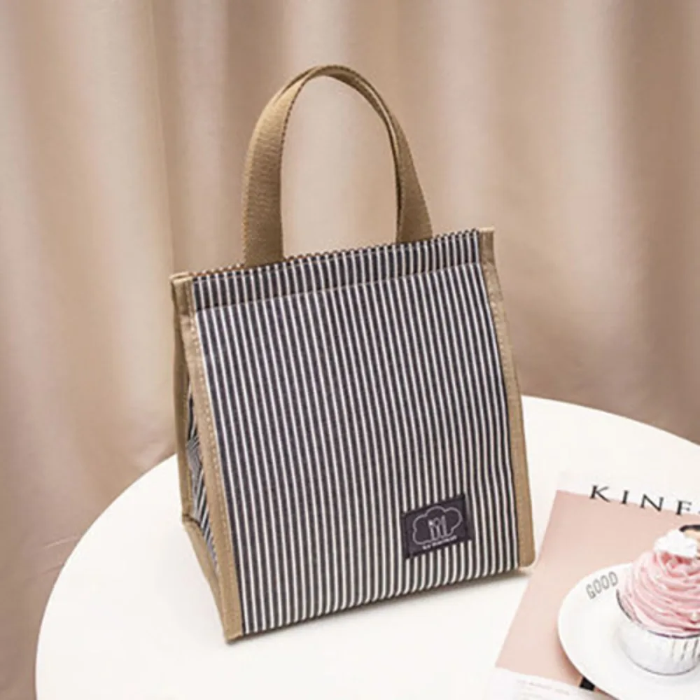 

Waterproof Insulated Thermal Lunch Bag Oxford Cloth Stripe Hand-held Picnic Food Pouch Thickened Large Capacity Storage Handbag