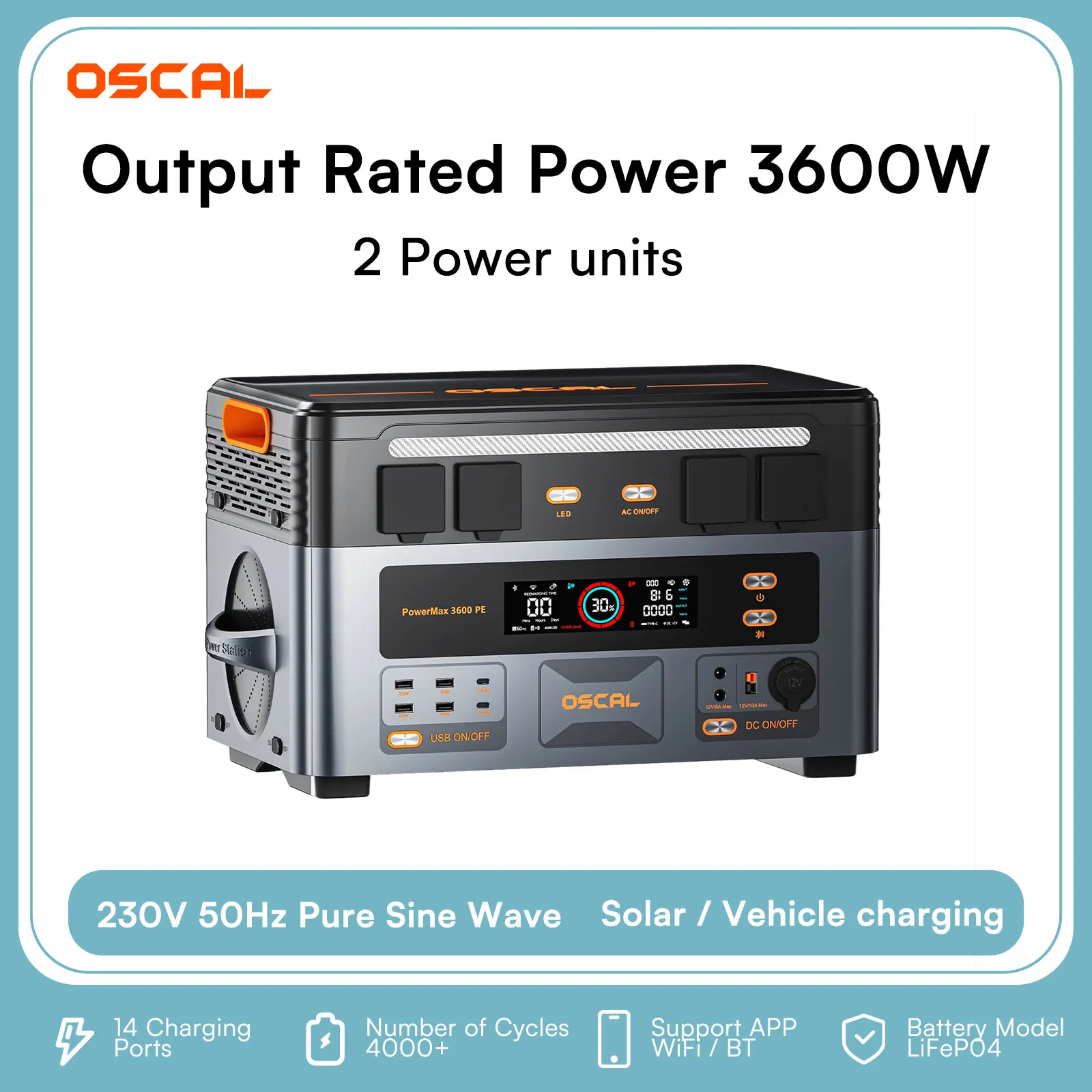 Centrale électrique portable OSCAL Power Max3600PE 3600W (pic 7200W) 2016Wh LiFePO4 4000+ cycles, prise en charge de l'entrée chargeur de voiture USB-C PD pour VE, caravane, camping-car, camping, hors réseau, secours domestique