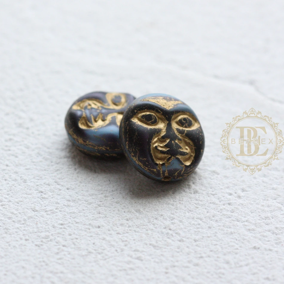 2 Pieces Czech Glass Moon Face Bead - Varies Colors 14mm (CZE-2)