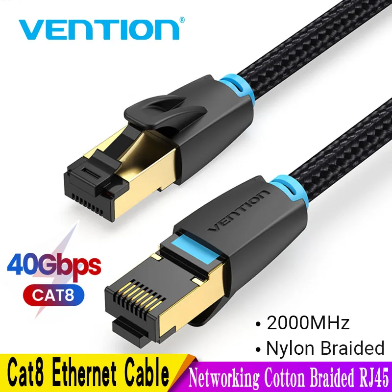 Vention CAT8 Ethernet Cable 40Gbps 2000MHz CAT 8 Networking Cotton Braided Internet Lan Cord for Laptops PS 4 Router RJ45 Cable