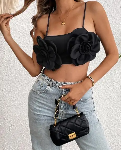 

2025 New Personalized Elastic Decal Women Sexy Black Vest 3D Three-Dimensional Flower Decal Round Neck Sleeveless Suspender Top