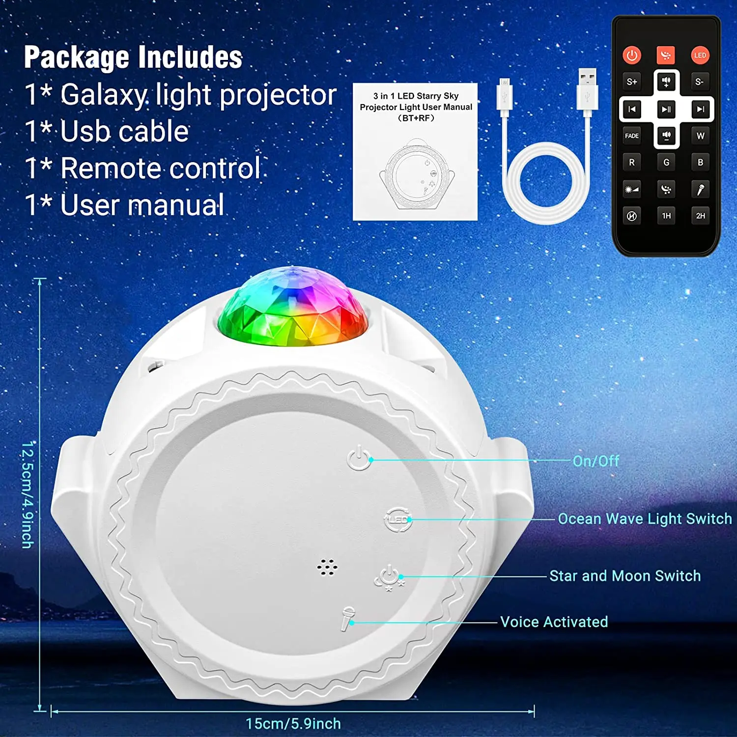 Галактический проектор звездного неба, Ночной светильник, проектор океанских волн, светодиодная лампа с дистанционным управлением, Bluetooth-динамик для домашнего декора комнаты