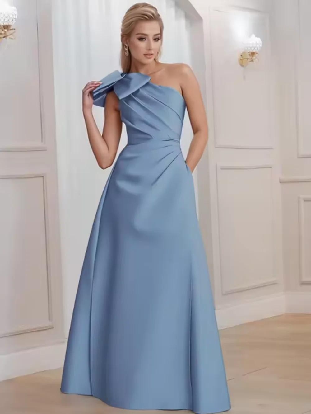 Women’s One Shoulder Prom Dresses Satin Mother of The Bride Dresses A Line Modest Formal Evening Gown with Bow