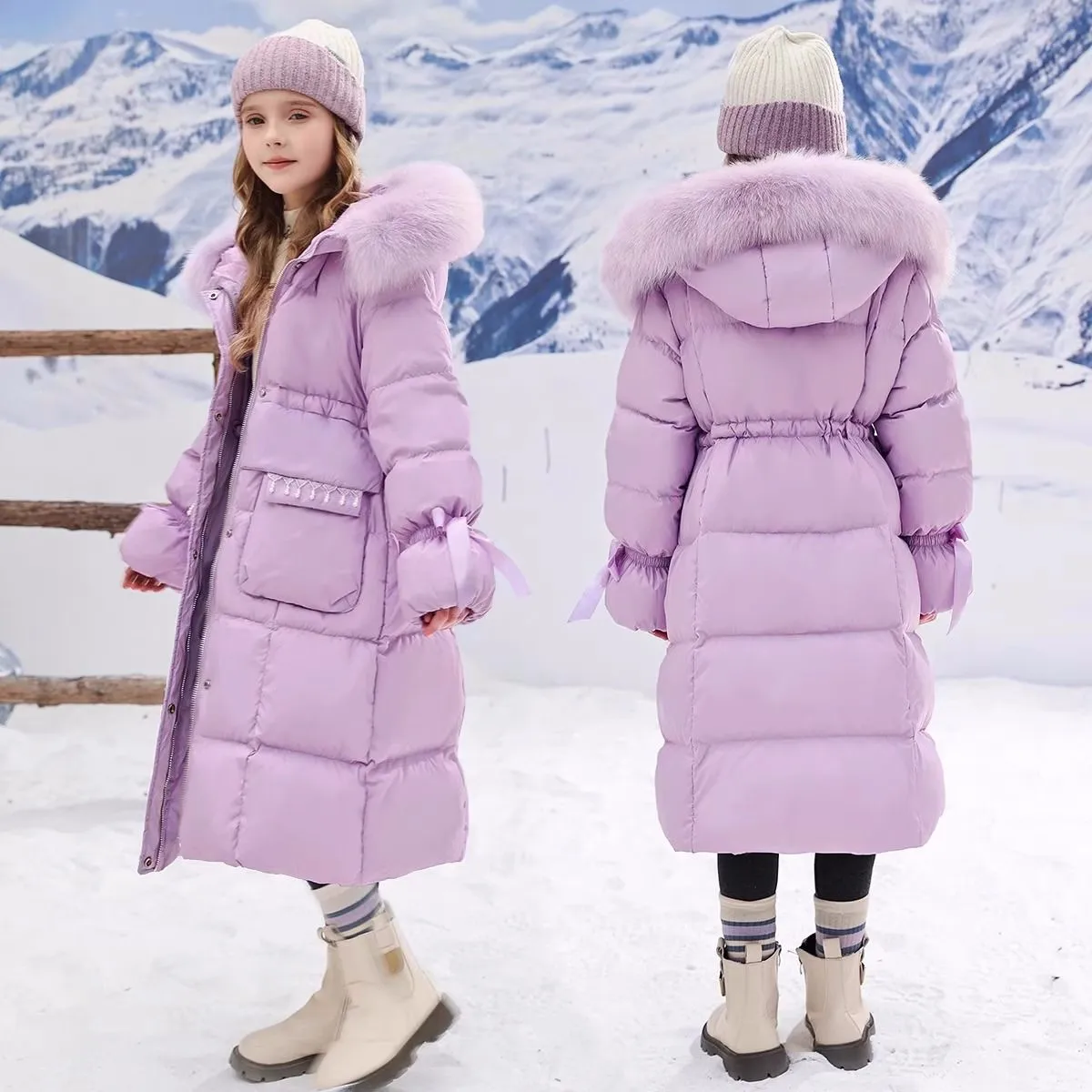 

Winter Warm Girls Long Plain Fur Hooded Zipper Puffer Jackets School Kids Thick Snow Coats Children Outfit Windbreaker 5-16Years