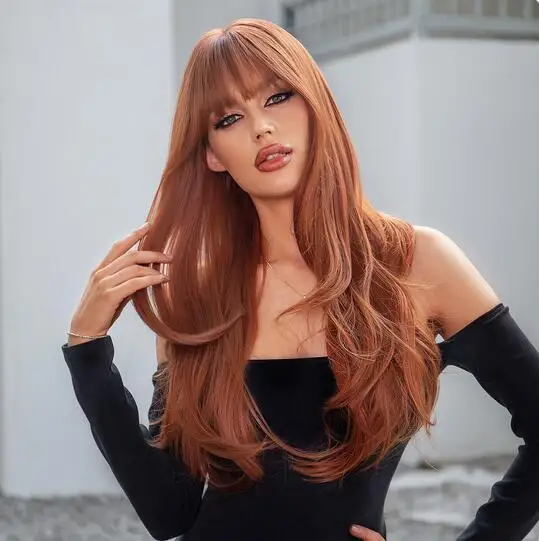 

Red brown copper ginger yellow long straight synthetic wig for women, natural wave wig with bangs and heat-resistant hair