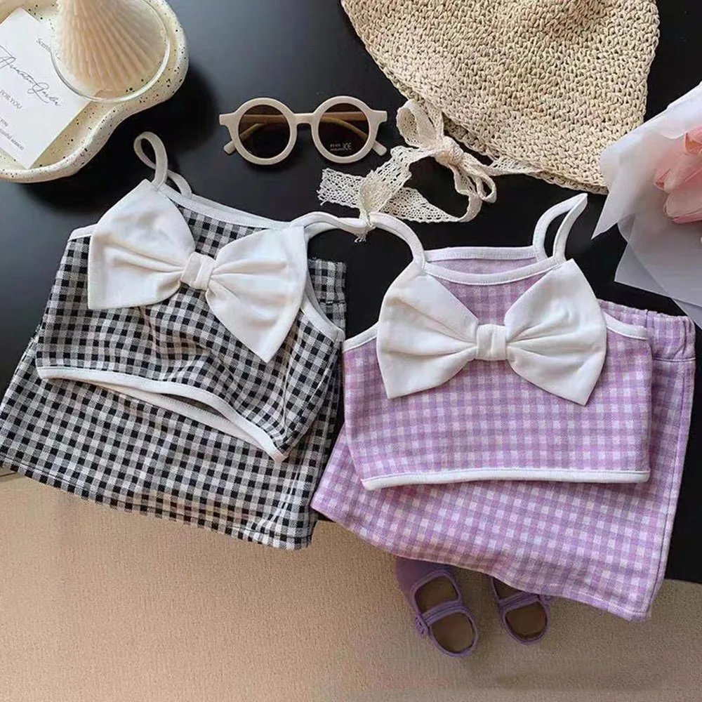 

2 Color Girl's Cute 2piece Set Summer Thin Cotton Plaid Spaghetti Strap Big Bow Applique Short Top+Elastic Straight Half Skirt