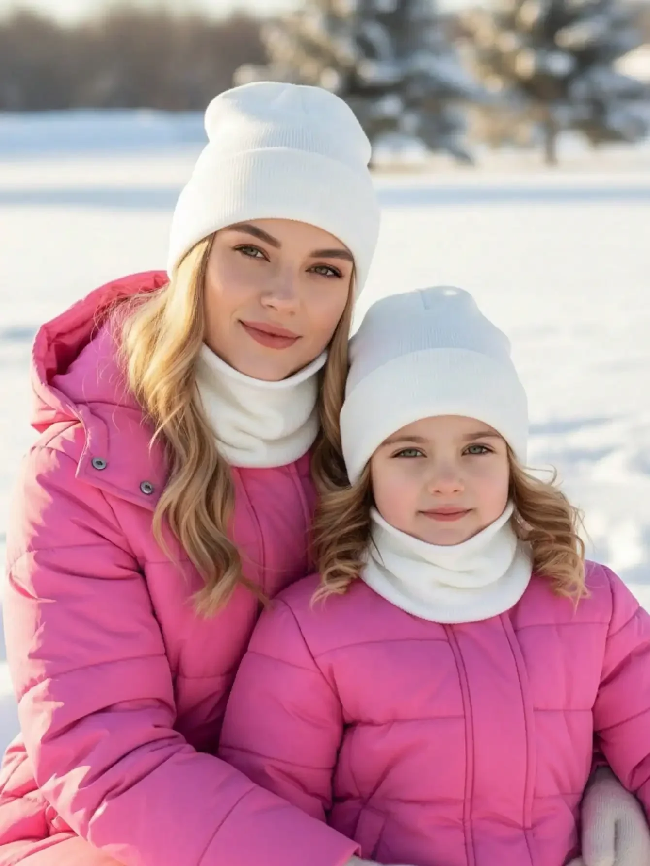 4Pcs Solid Parent-child Knit Hat & Neck Warmer Set, Adult & Kids Matching Knitted Hat Scarf Kit for Autumn Winter Daily Wear