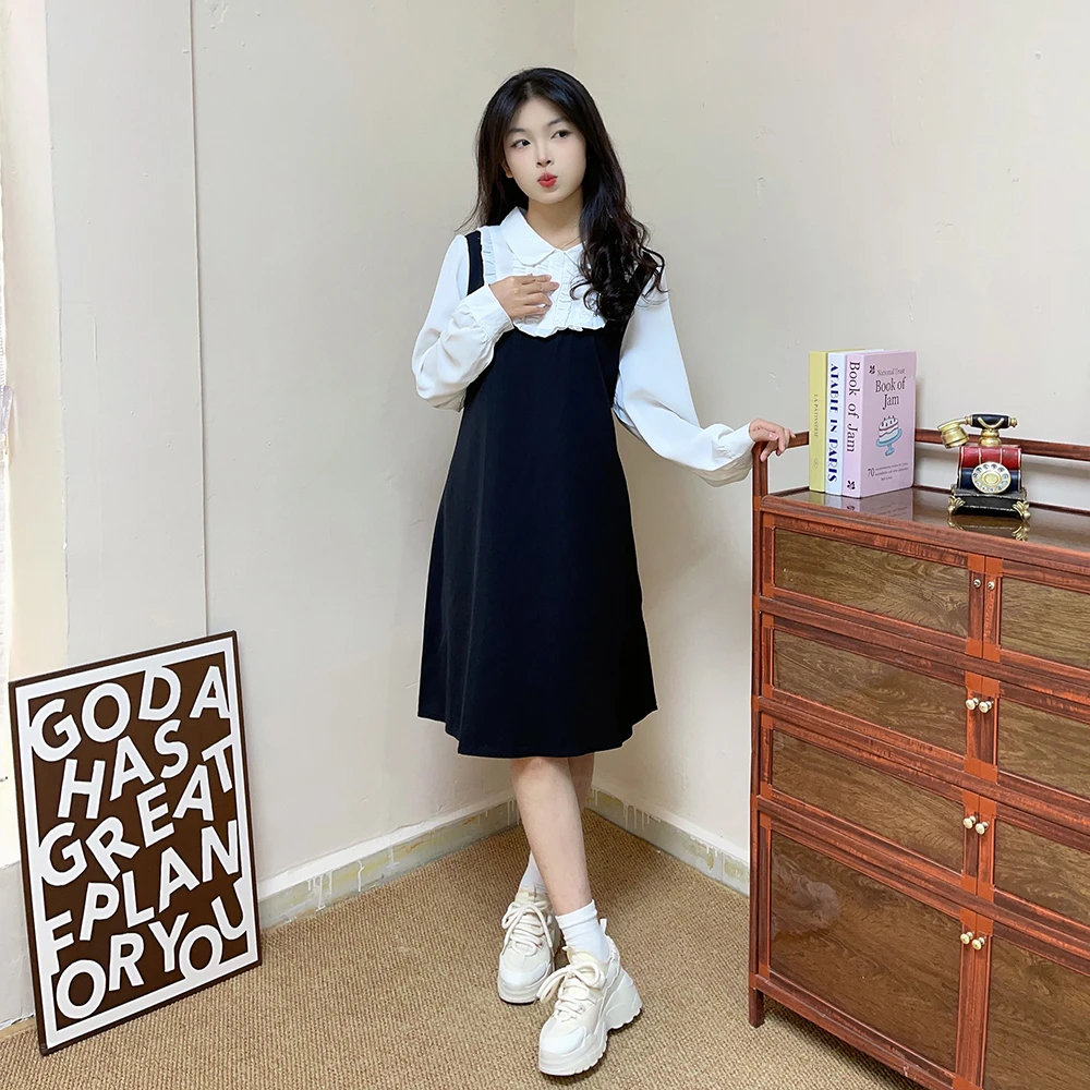 Autumn plus size women's casual dress lapel color contrast design commute long dress shirt sleeve black college dress 2024 new