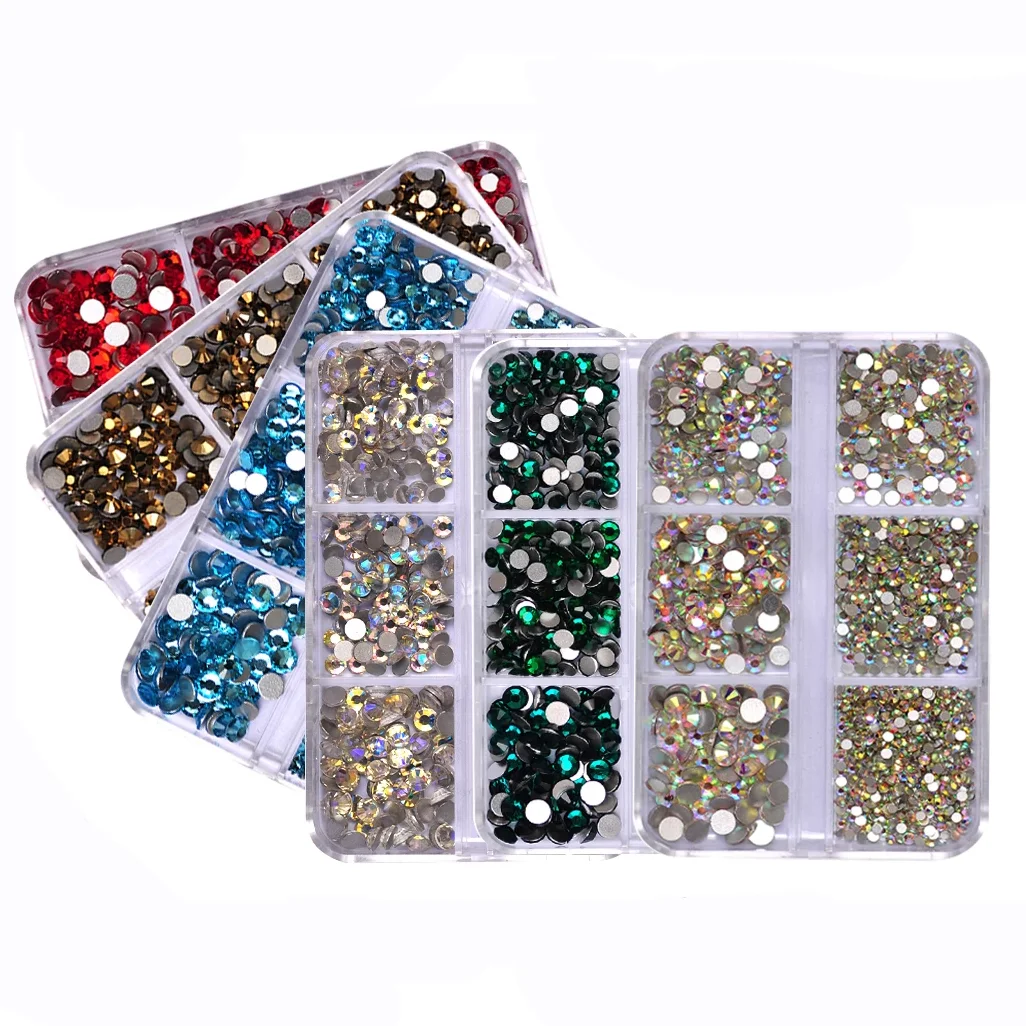6Girds Box SS4-SS16 Kolorowe cyrkonie bez hotfix Flatback Glue On Ornament Decorations Glass Crystals Nail Art Adhesive Stone