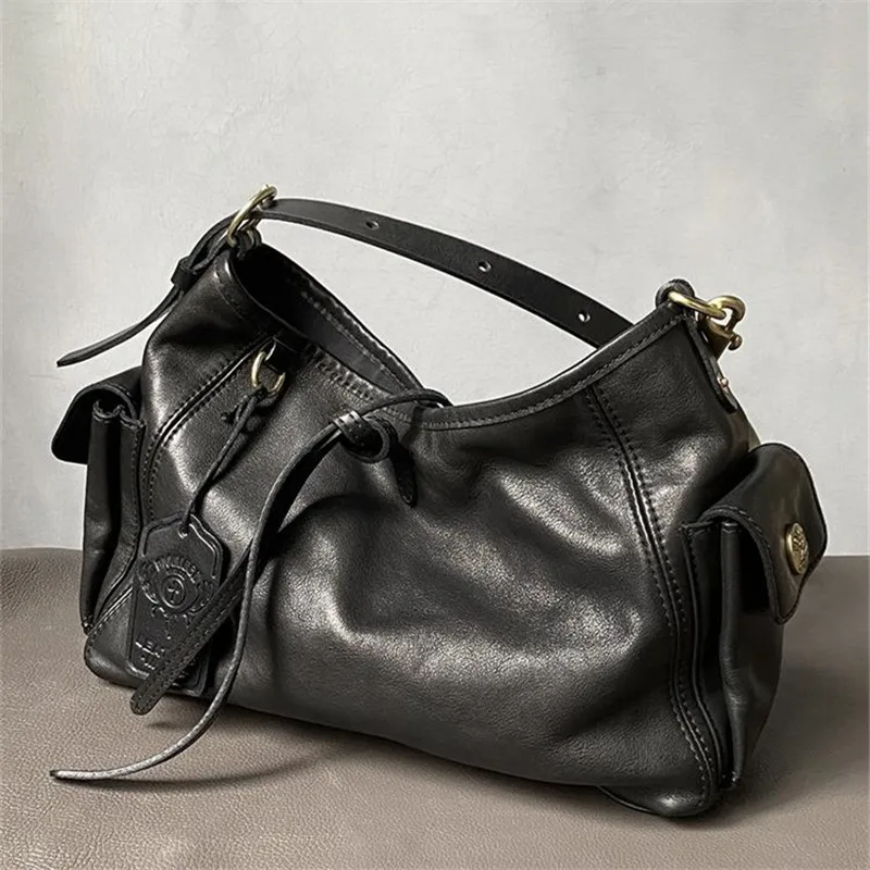 

Outdoor daily travel designer handmade genuine leather women's black shoulder bag casual natural soft real cowhide underarm bag