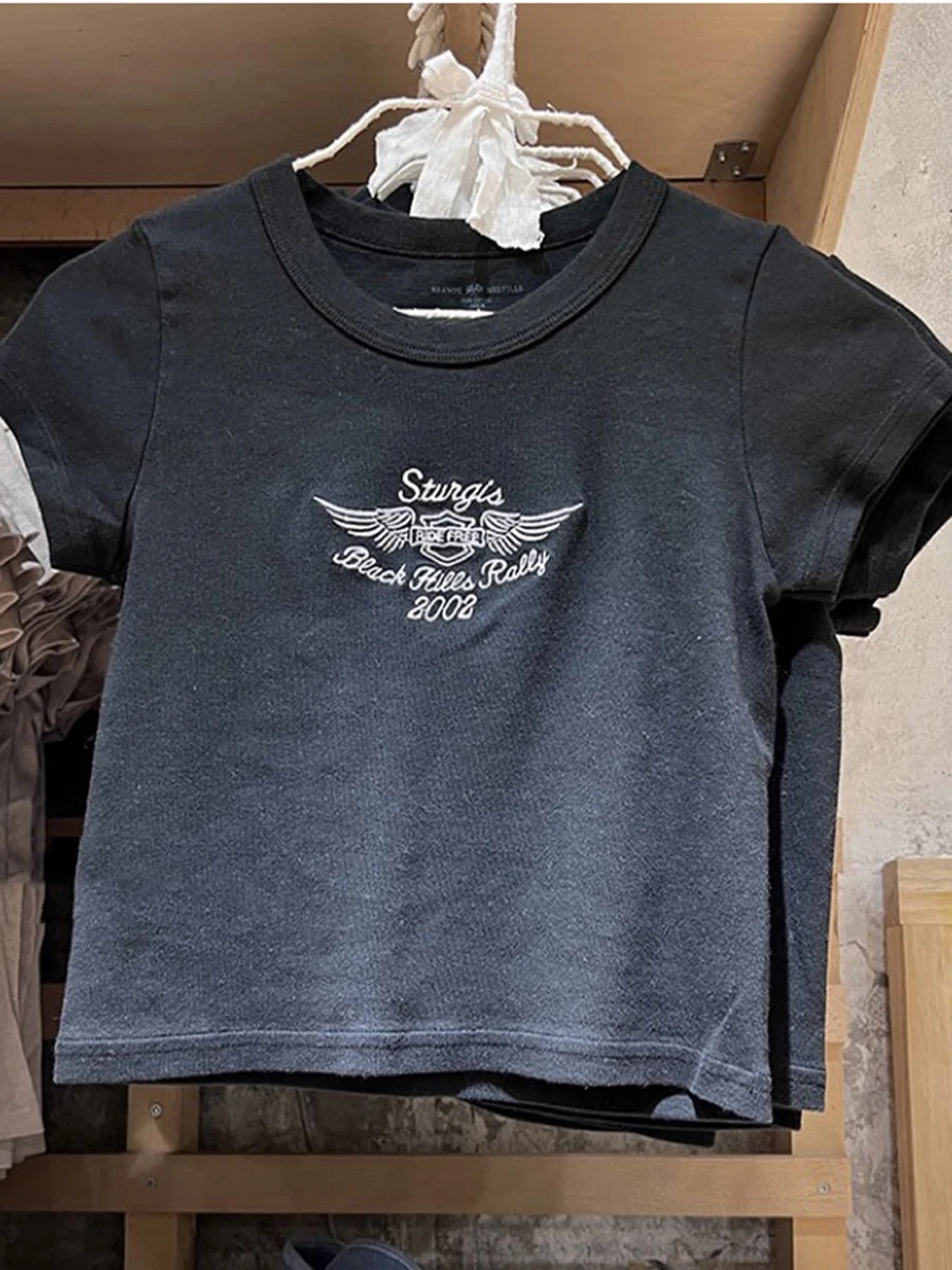 

Wings Letter Embroidered Crop Top Woman American Vintage Cotton Short Sleeve T-Shirt Summer Fashion Y2k Tee Tops 2023 New