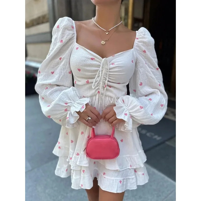 

Vintage Puff Long Sleeve White Dress for Women Elegant Square Collar Women's Dress 2025 Spring Summer Cotton Short Dress