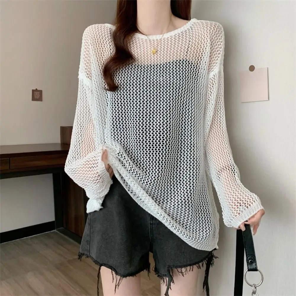 Fashion Casual Knitted Hollow Pullover Loose Round Neck Long Sleeve T Shirt Beachwear Stripe Crochet Top Women Beach