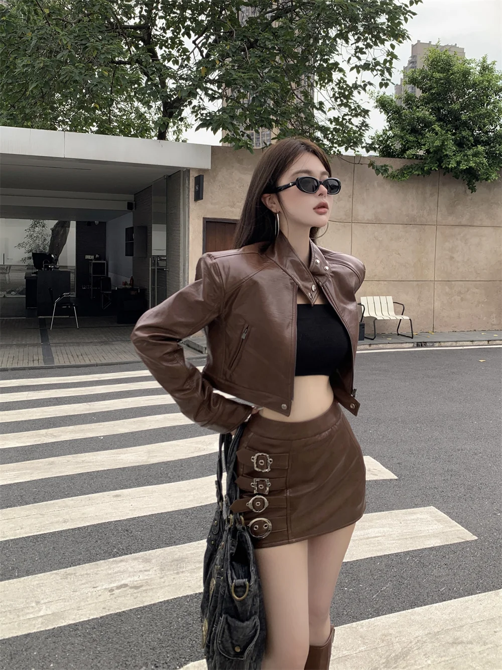 

Korean Fashion Streetwear Two Piece Skirt Sets Pu Leather Long Sleeve Stand Collar Short Jacket + High Waist A Line Mini Skirt