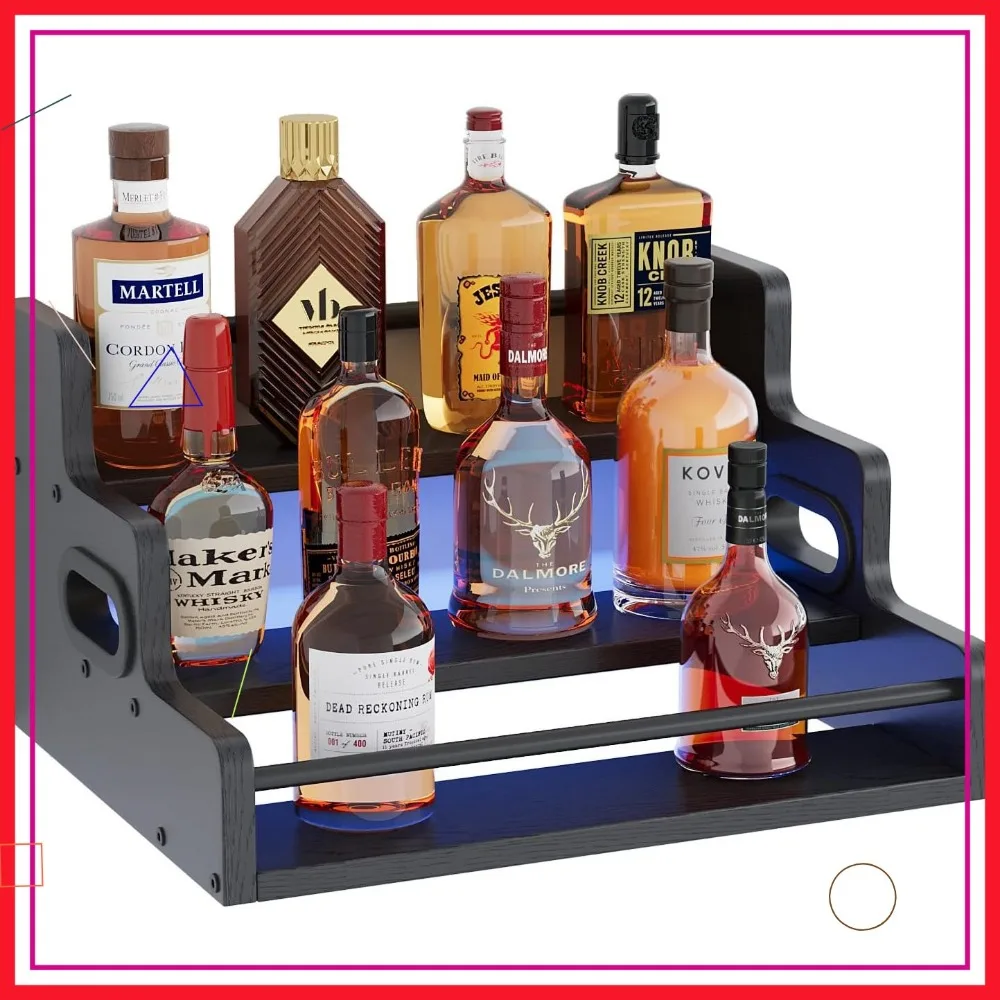 3-Tier LED Liquor Display Shelf with Remote Control, Whiskey Wine Bottle Rack for Home Bar Cabinet