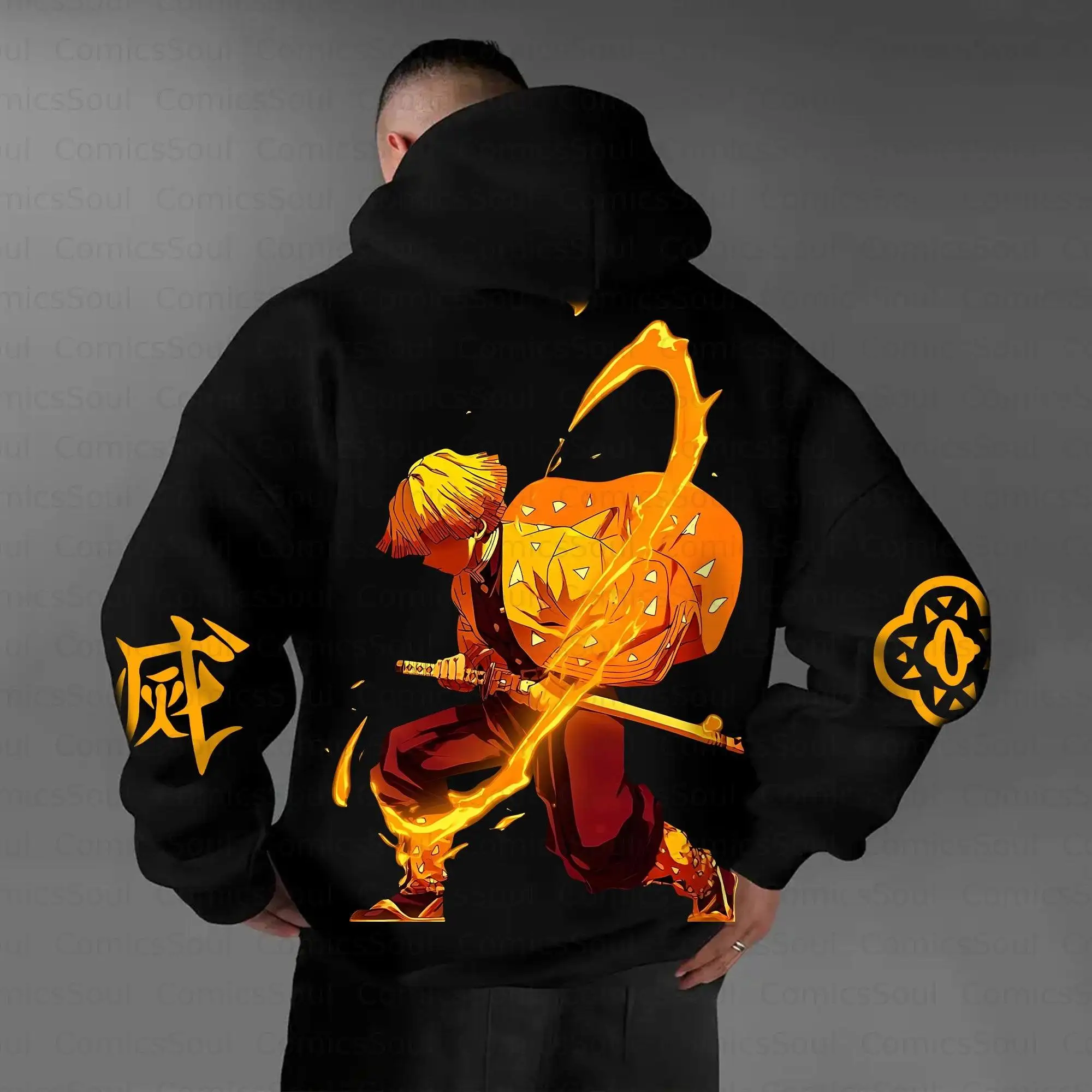 Ensemble à capuche avec Demon Slayer Zenitsu Agatsuma, motif éclair, imprimé devant et dos, manches jaunes, Design Kimetsu No Yaiba Anime