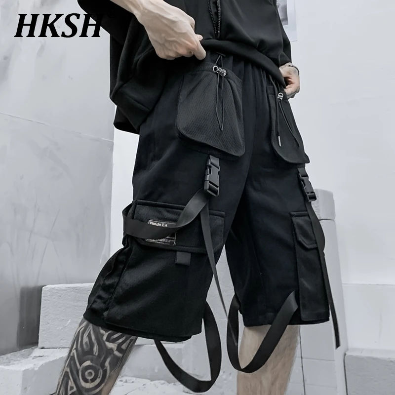 

HKSH Summer New Trendy Shorts Men's High Street Japanese Dark Knee-length Straight Short Pants Tide Pockets Chic Capris HK0676